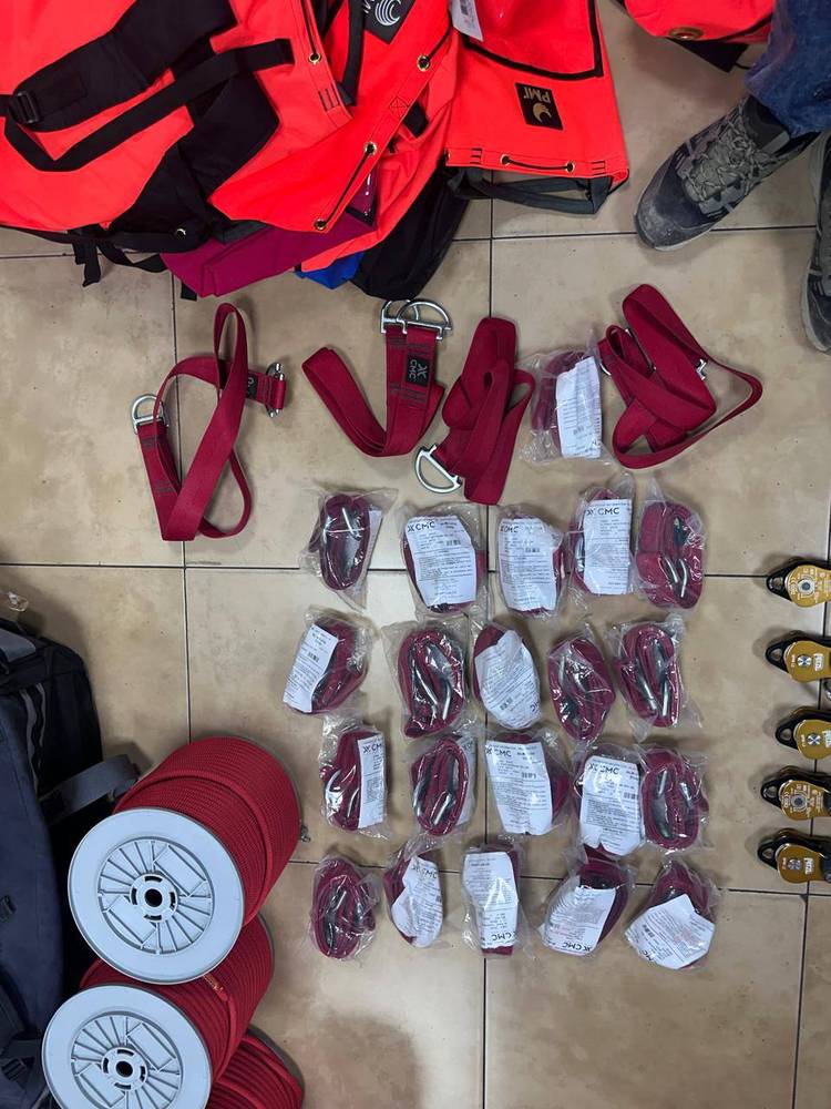 Rescue kit bags, CMC anchor slings and spools of static rope in stock